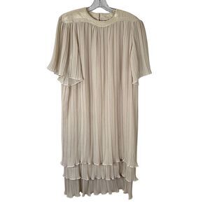 Vintage Cream Pleated Maxi Dress With Ruffled Sleeves & Button Closure Size M